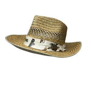 Vintage 90s 1990a Tan straw natural fiber cowboy hat with fly fishing